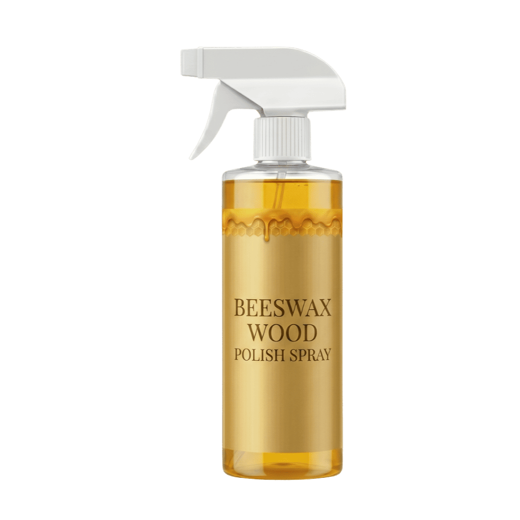 Beeswax Wood Polish Spray in a clear bottle with a spray nozzle, designed for wooden furniture care.