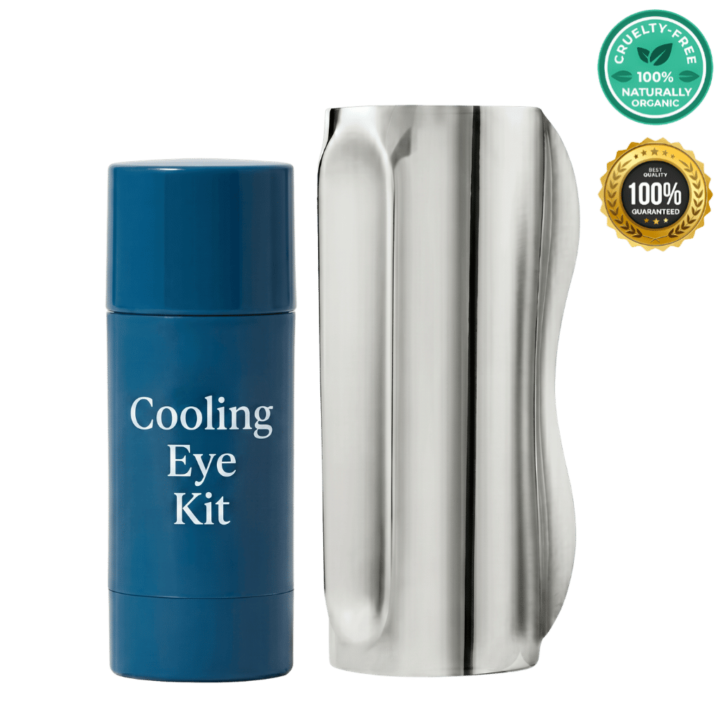 Cooling Eye Kit featuring a blue tube and a sleek silver beauty tool for refreshed eye skin.