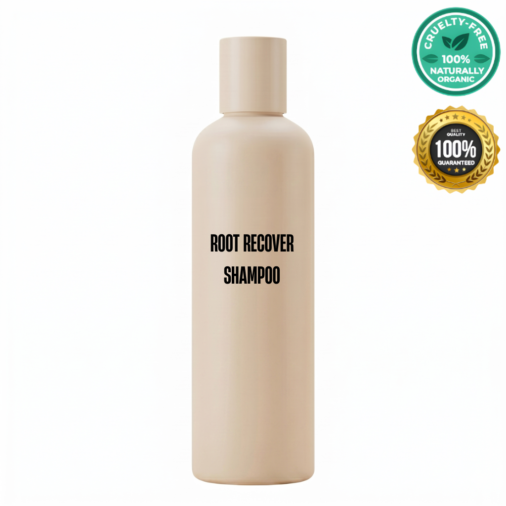 Root Recover Shampoo bottle featuring cruelty-free label and organic certification.