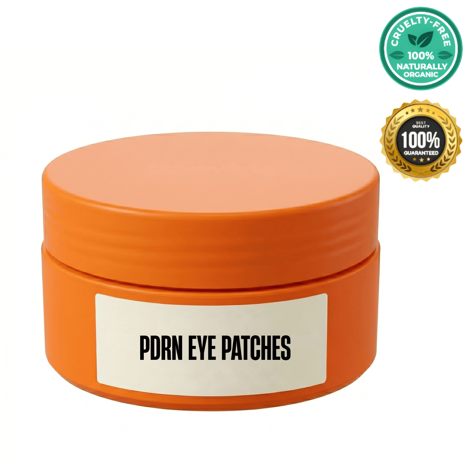 PDRN Eye Patches in a bright orange container, showcasing its eco-friendly guarantee and luxurious skincare benefits.