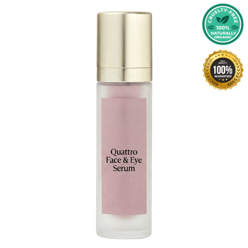 Quattro Face & Eye Serum in a glass bottle with a gold cap, promoting hydration and lifted-looking skin.