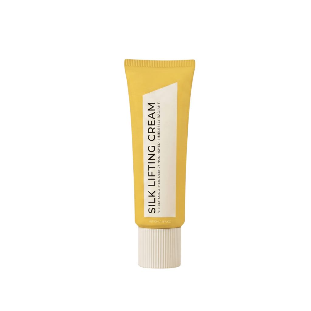 Silk Lifting Cream tube featuring a yellow design for firming and smoothing skin.