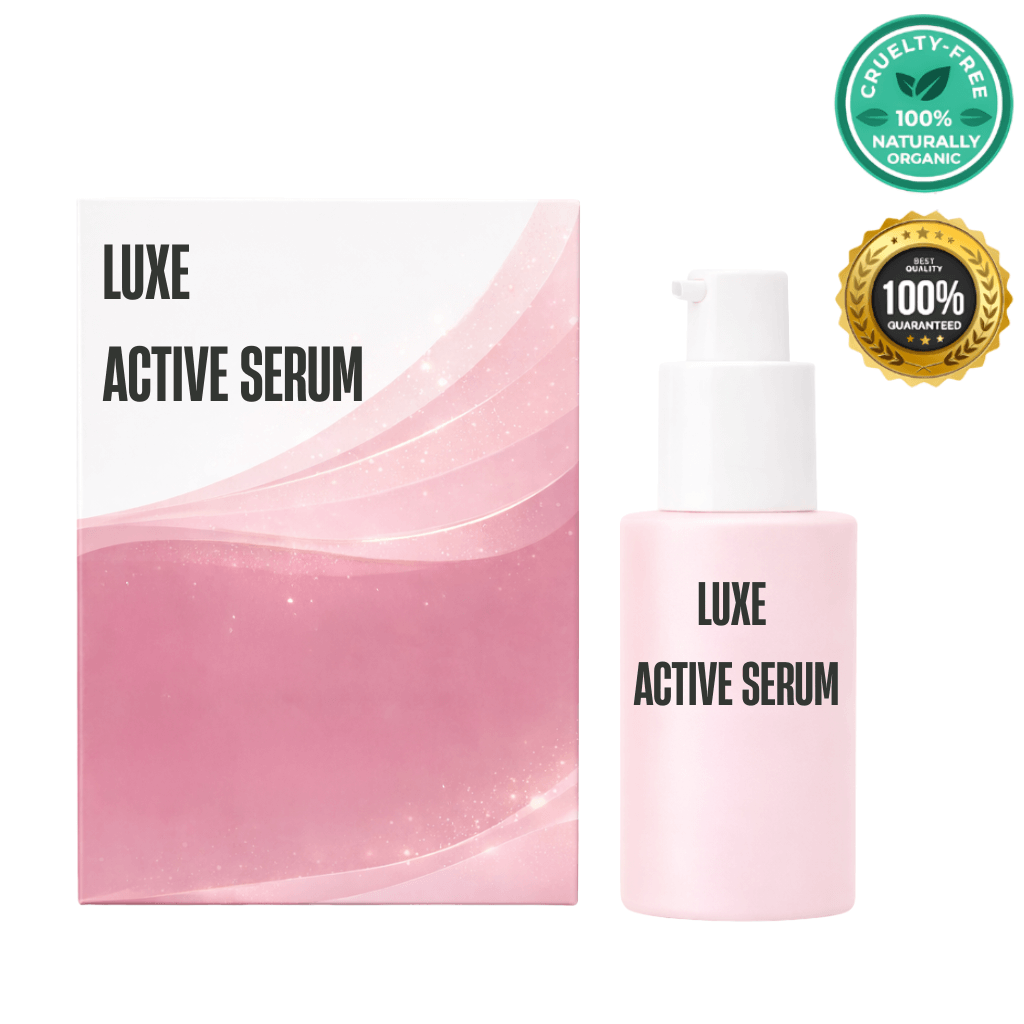 Luxe Active Serum bottle and packaging in pink, promoting smooth and refined skin appearance.