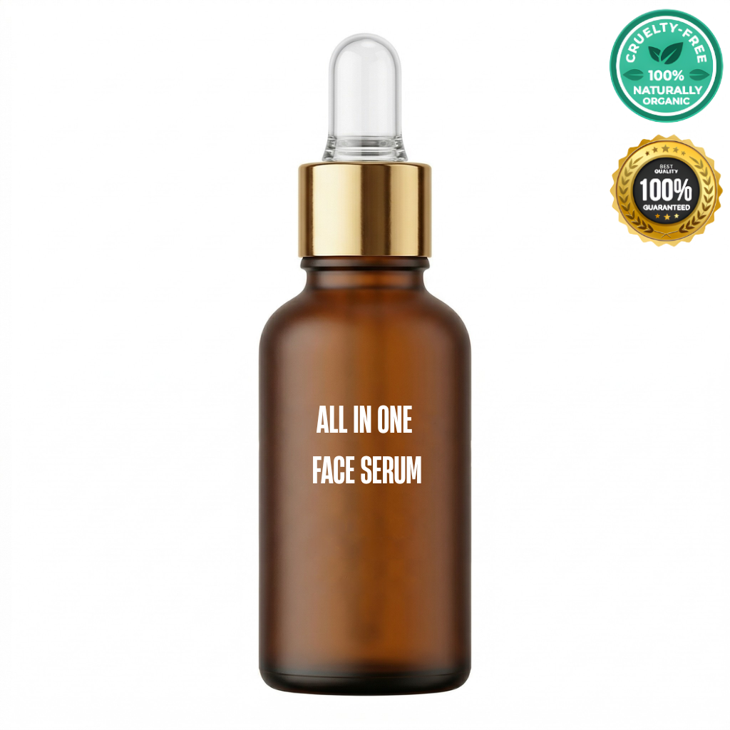 Amber glass bottle of All In One Face Serum with dropper, cruelty-free and 100% organic.