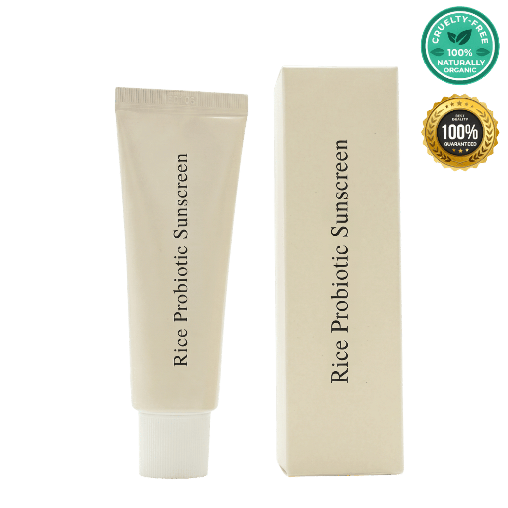 Rice Probiotic Sunscreen tube and box showcasing the lightweight and moisturizing formulation.