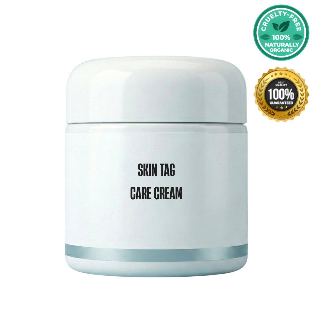 Skin Tag Care Cream in a jar showcasing its cruelty-free and organic features for improved skin texture.