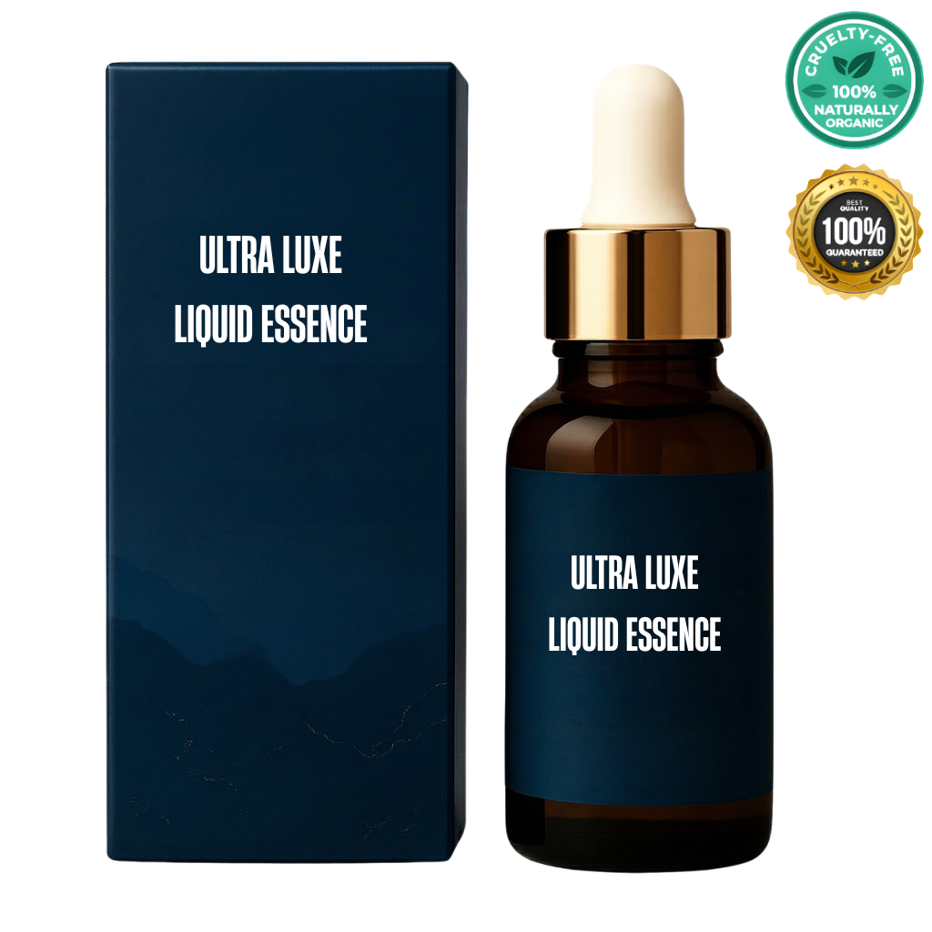 Ultra Luxe Liquid Essence facial oil bottle and packaging, promoting enhanced skin radiance and smooth finish.