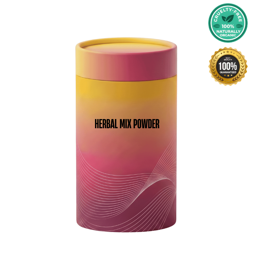 Herbal Mix Powder in a stylish purple and yellow container, designed for daily beauty care and nourishing skin.