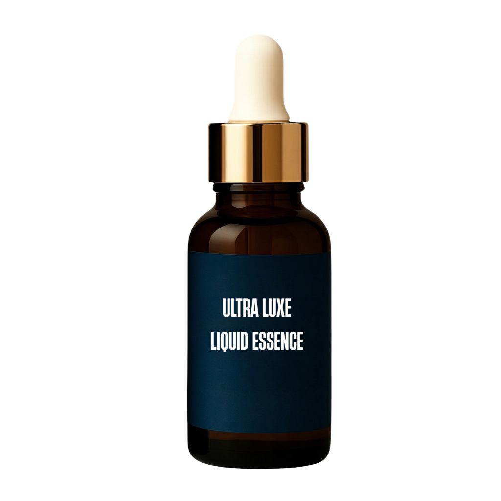 Bottle of Ultra Luxe Liquid Essence facial oil with dropper, designed for a radiant skincare routine.