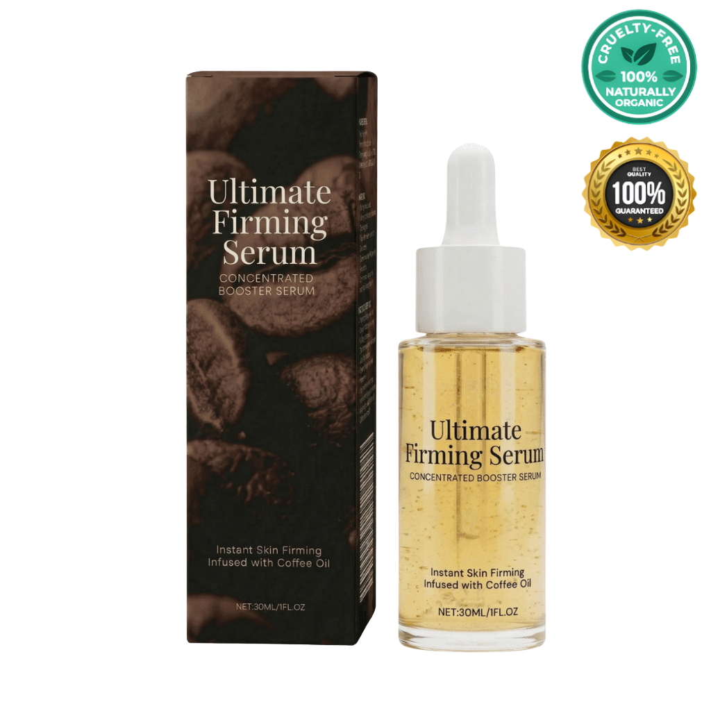 Ultra Firming Serum in a sleek bottle with dropper, designed for radiant and smooth skin.