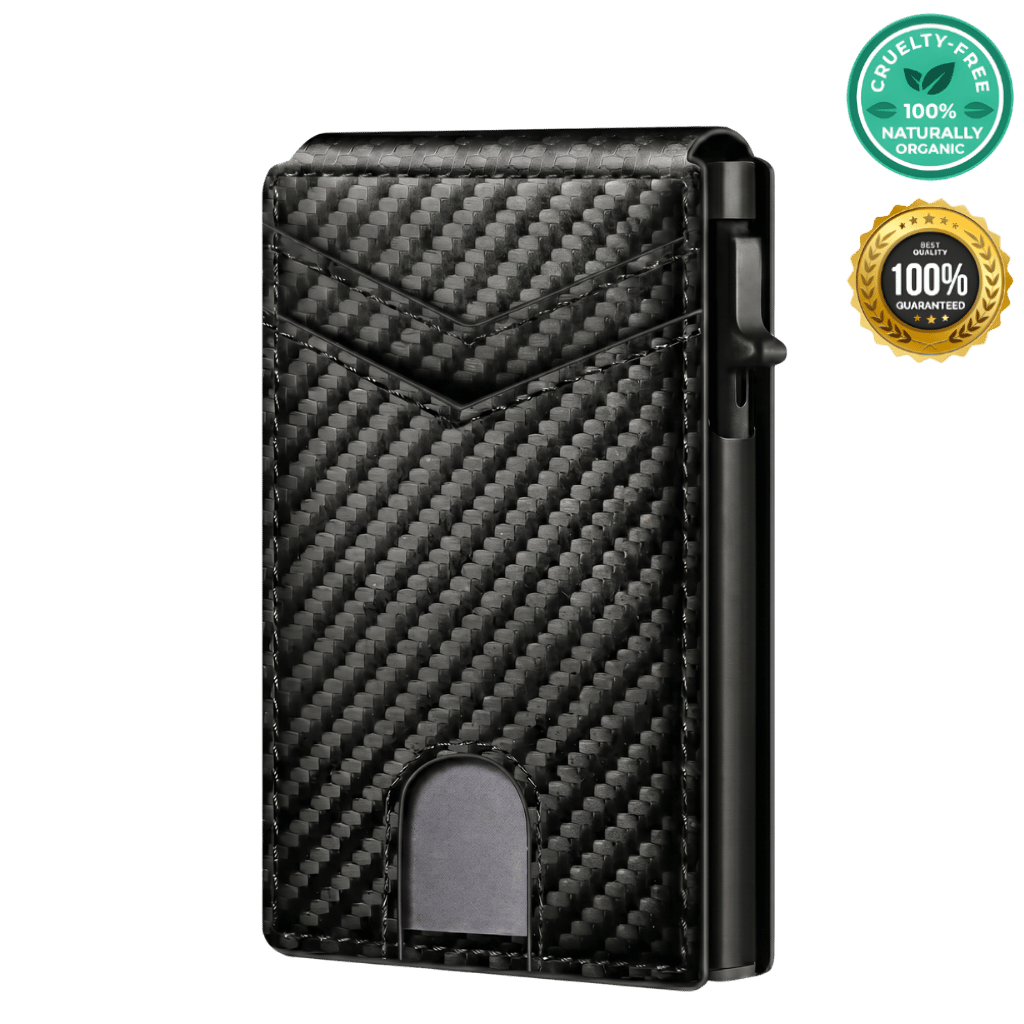Aluminum Case Slim Bifold Wallet in sleek black carbon fiber design, featuring quick card access and organized storage.