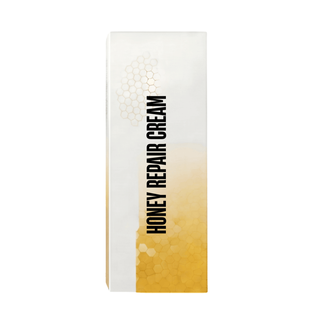 Luxe Honey Repair Cream packaging with honeycomb design, highlighting its smoothing and repairing properties.