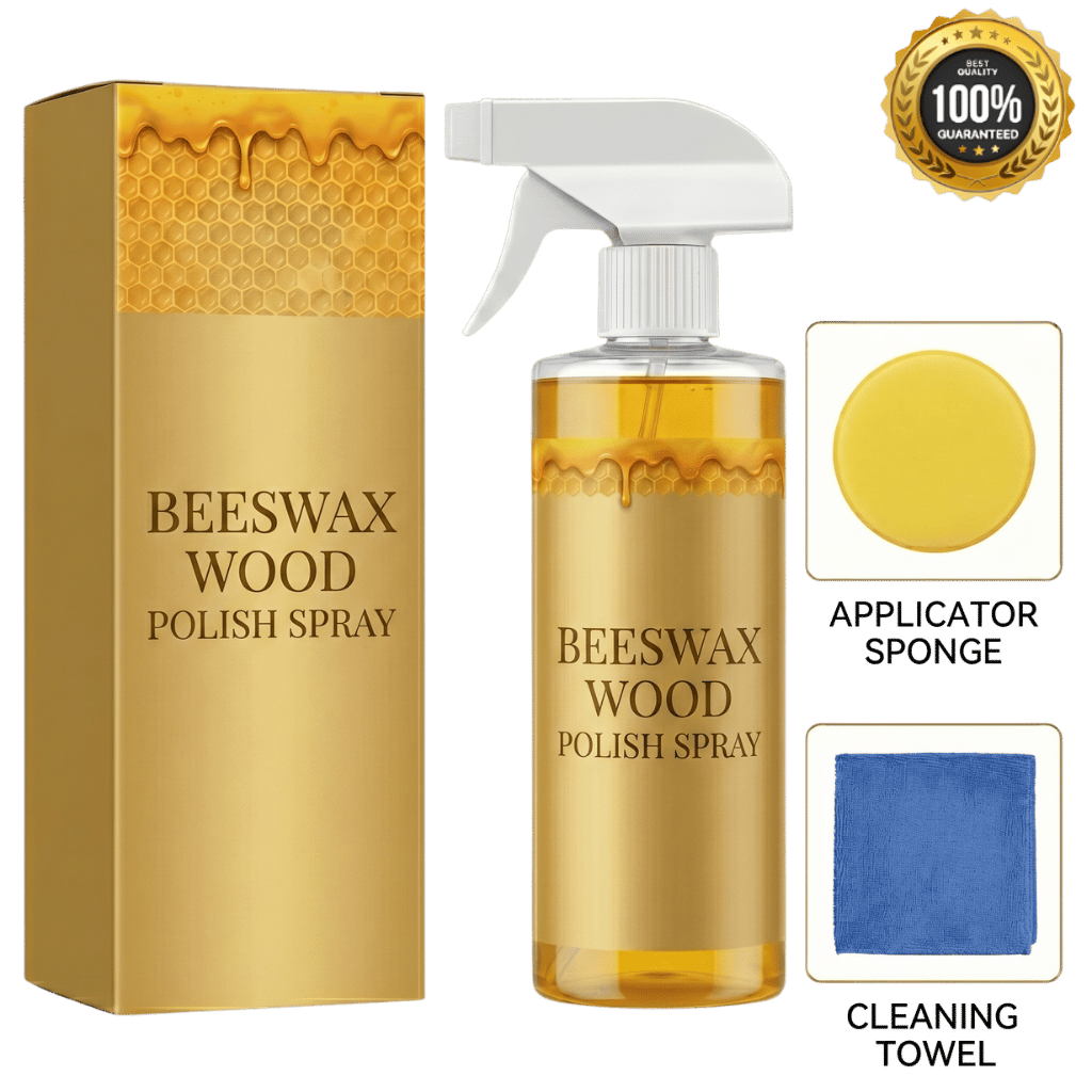 Beeswax Wood Polish Spray bottle with box, applicator sponge, and cleaning towel for wood care.