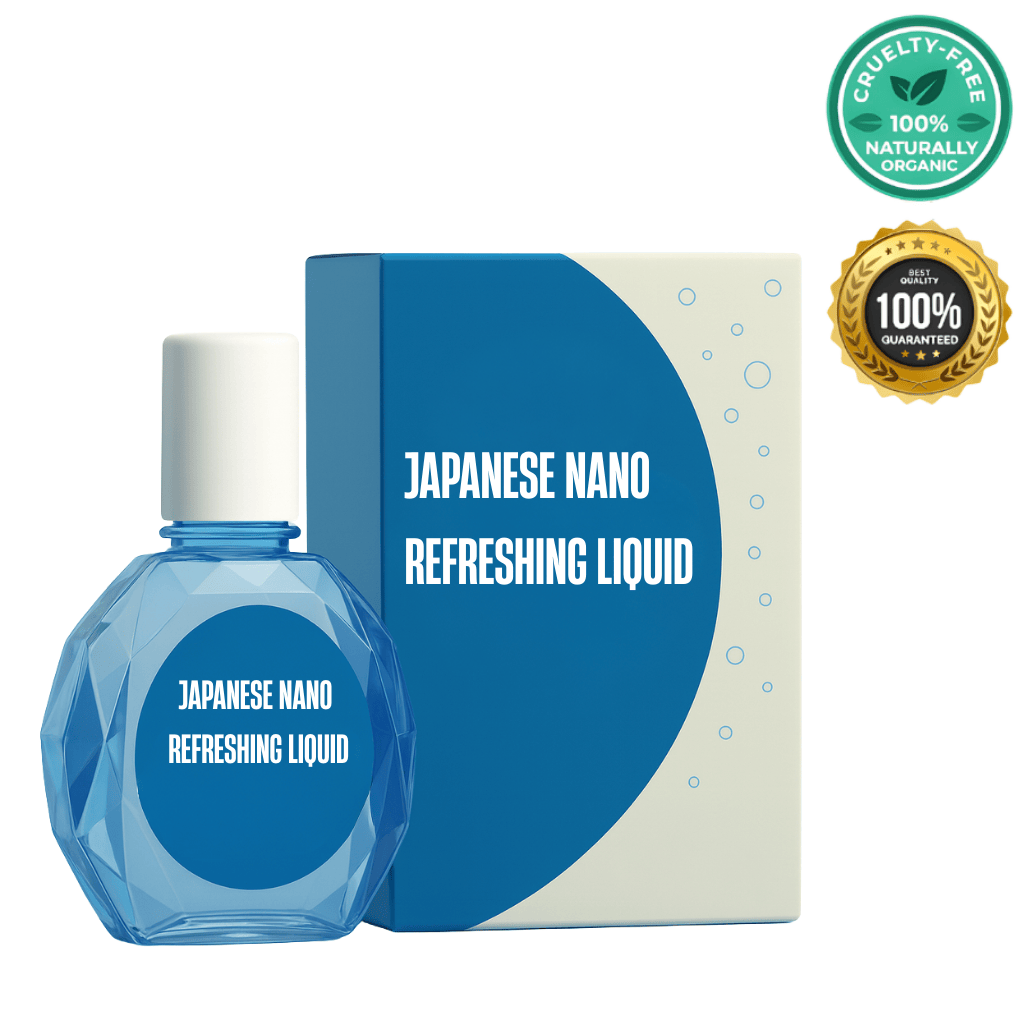 Japanese Nano Refreshing Liquid bottle and packaging, lightweight beauty liquid for a polished finish.
