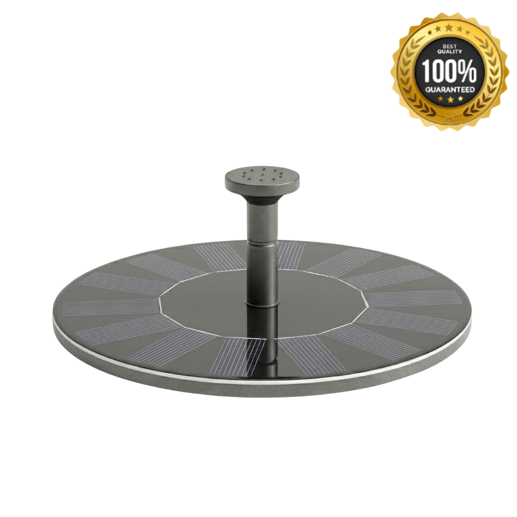 Ultra Solar Fountain Pump with solar panel design and quality guarantee seal for outdoor water display.