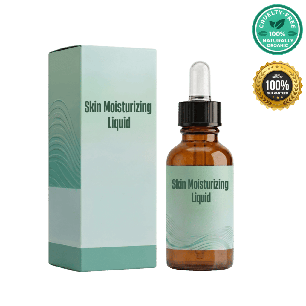 Skin Moisturizing Liquid bottle and packaging featuring organic and cruelty-free labels.