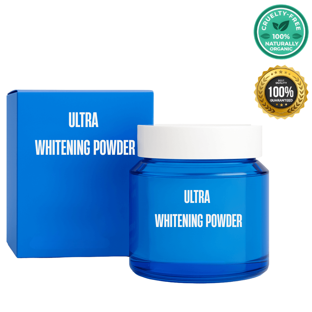 Ultra Whitening Powder jar and box packaging showcasing cruelty-free and organic certification.