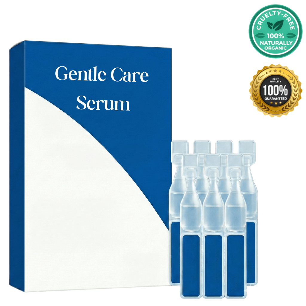 Gentle Care Serum packaging with clear vials, highlighting its lightweight skincare benefits and cruelty-free certification.