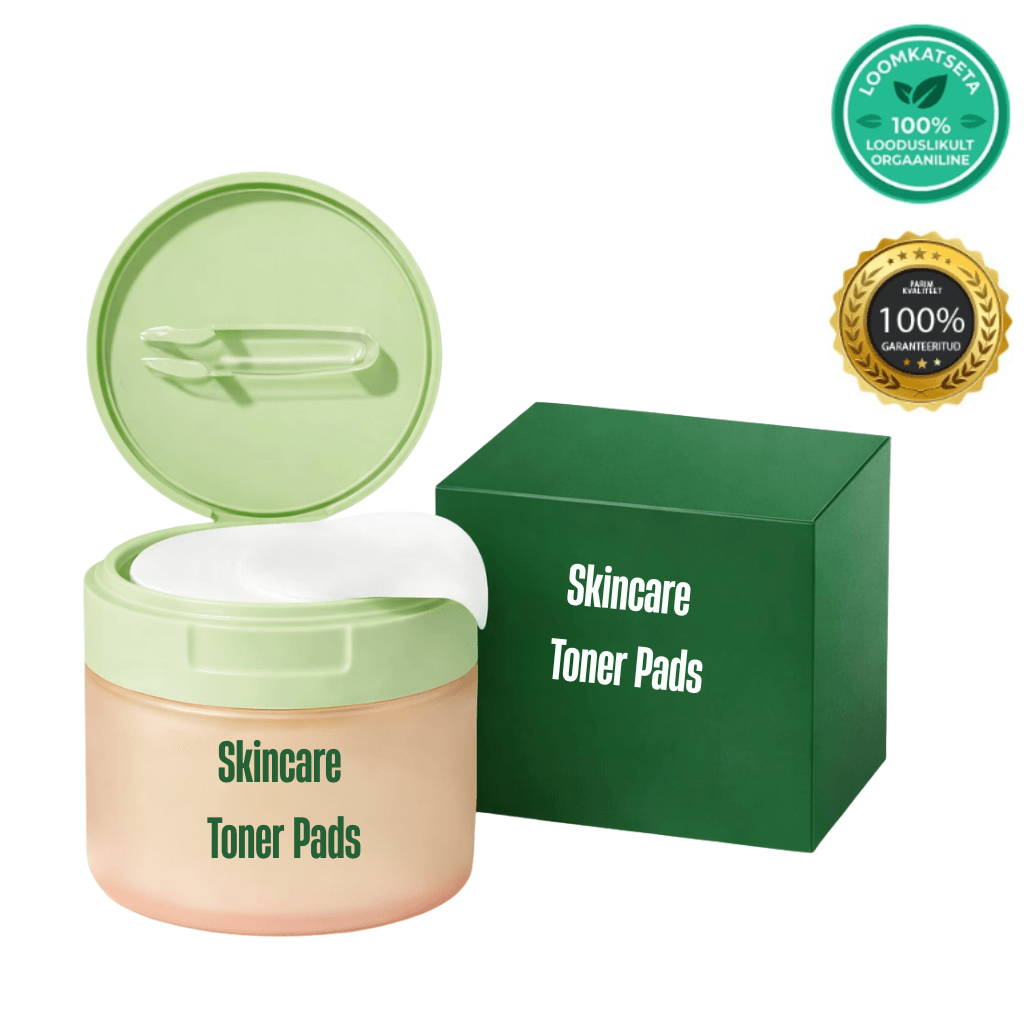 Skincare Toner Pads packaging with a green lid and box, designed for daily skin-care routines.