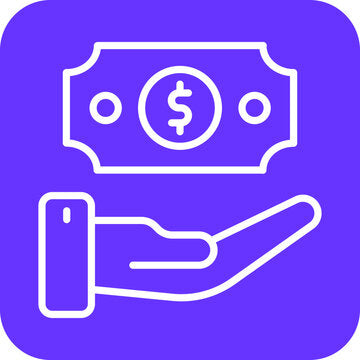 Icon representing Tips with a hand offering a dollar bill on a purple background.