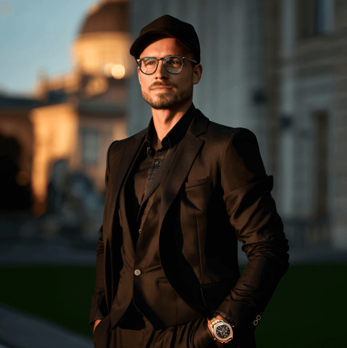 Stylish man in a black suit and cap, posing confidently outdoors with soft evening light.
