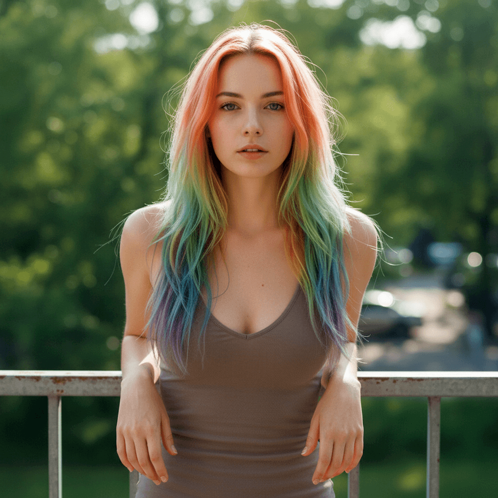 Skin Restorative Massager model showcasing vibrant hair colors against a natural background.