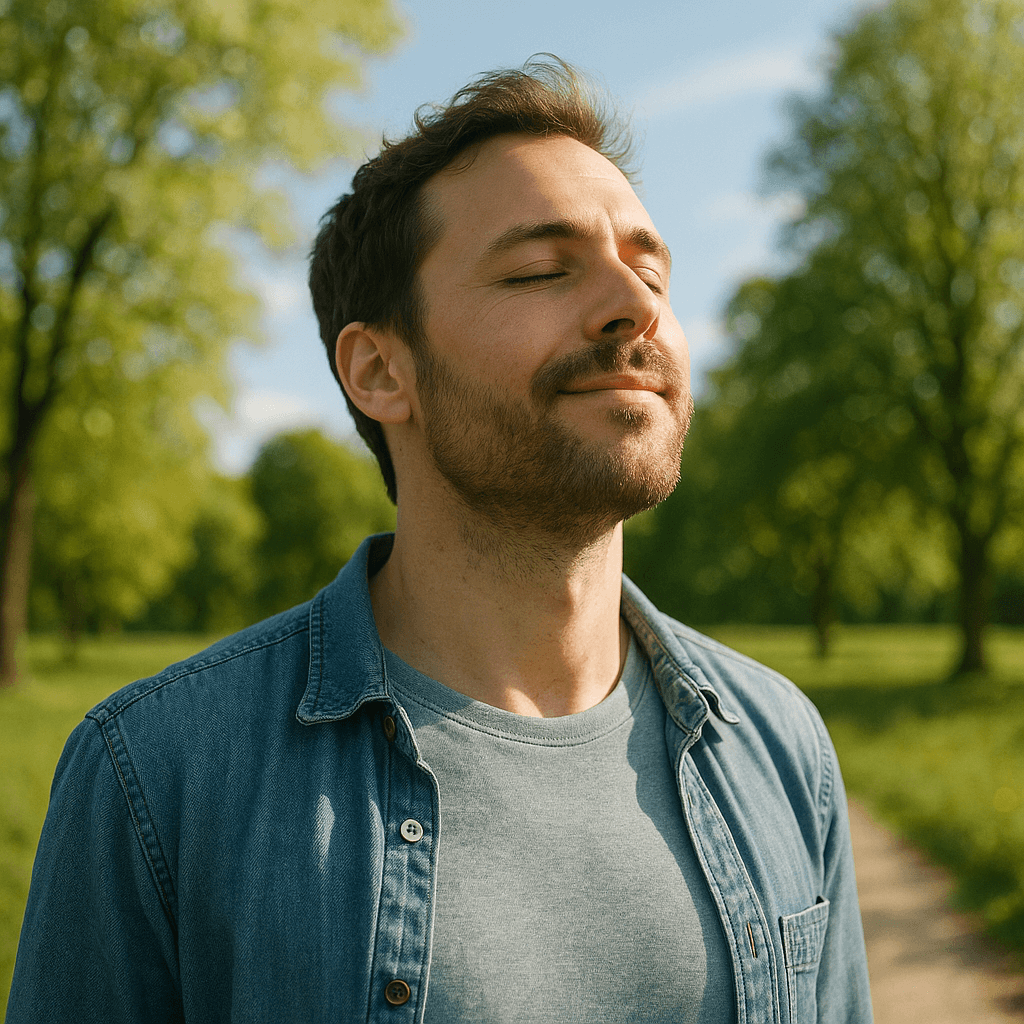 A man enjoying nature while wearing a casual outfit and smiling in a sunny, green park.