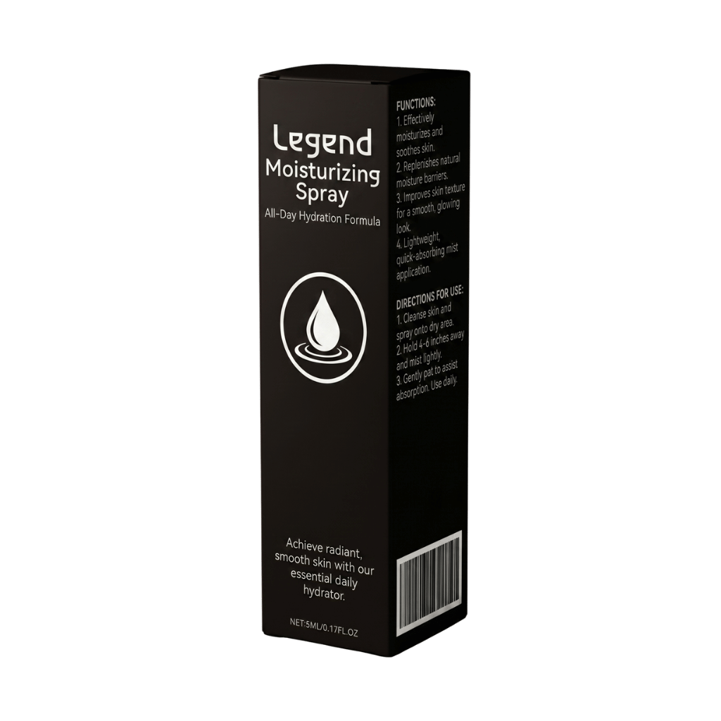 Legend Moisturizing Spray packaging showcasing hydration benefits and usage instructions.