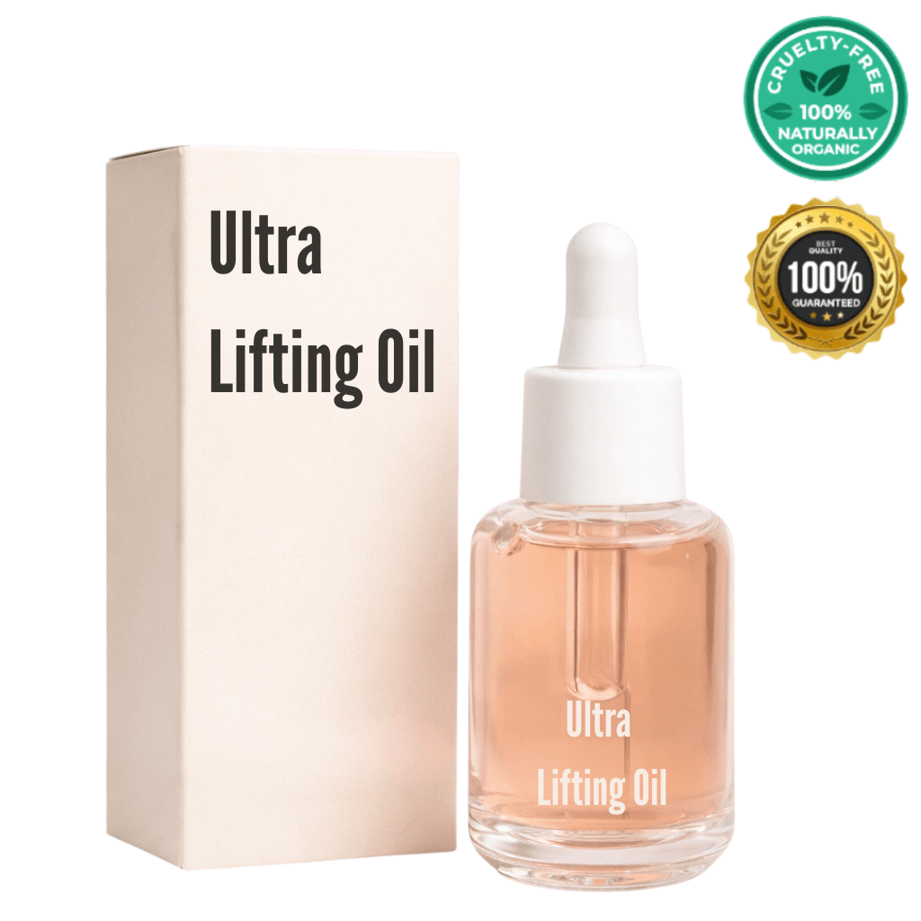 Luxevéria Ultra Lifting Oil bottle and packaging, cruelty-free and organic skincare oil for smoother skin.