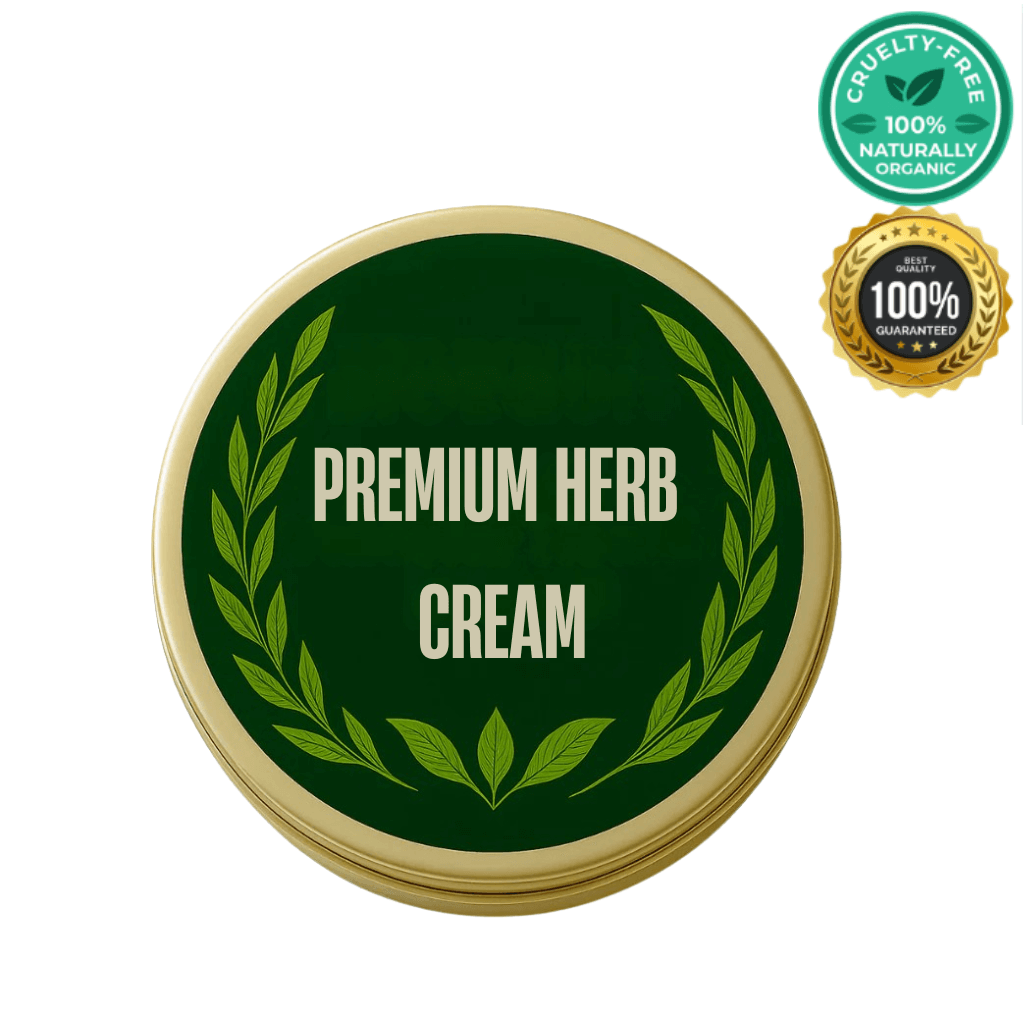 Premium Herb Cream in a green container with a gold lid, featuring organic and cruelty-free labels.