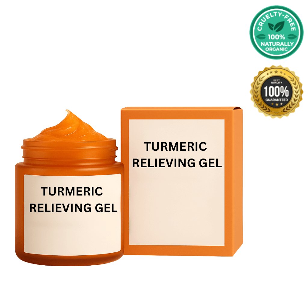 Turmeric Relieving Gel in a jar with a box, showcasing its vibrant color and cruelty-free label.