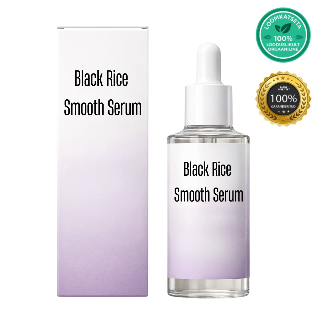 Black Rice Smooth Serum bottle and packaging showcasing its lightweight skin care benefits.