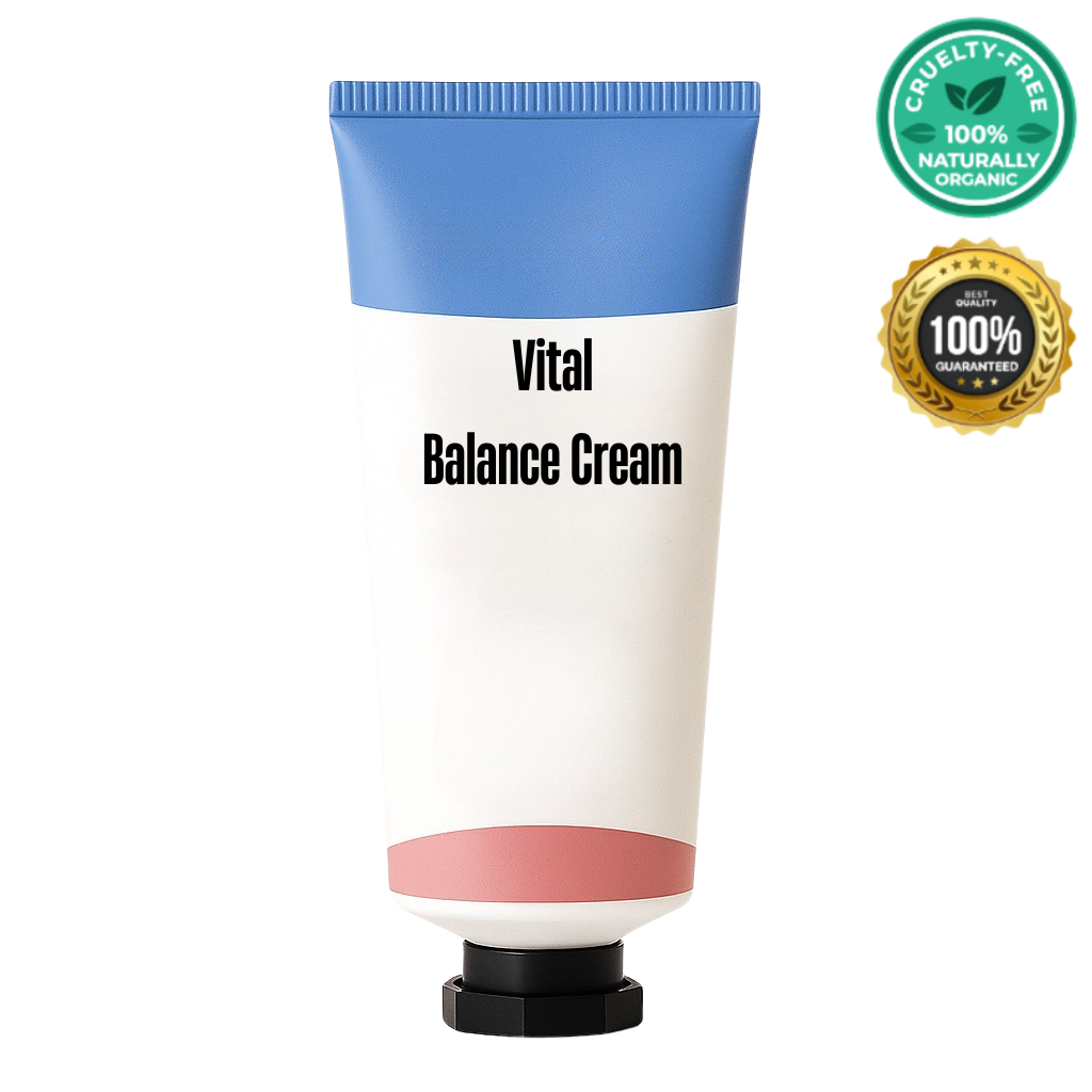Vital Balance Cream packaging featuring a tube designed for delicate skin care, emphasizing cruelty-free and organic ingredients.