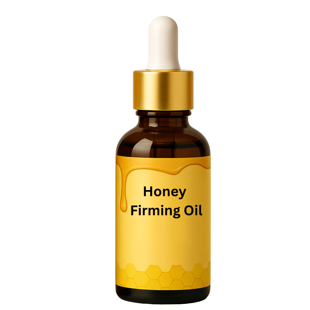 Honey Firming Oil bottle with a dropper, showcasing plant-based skincare for nourishing and firming skin.