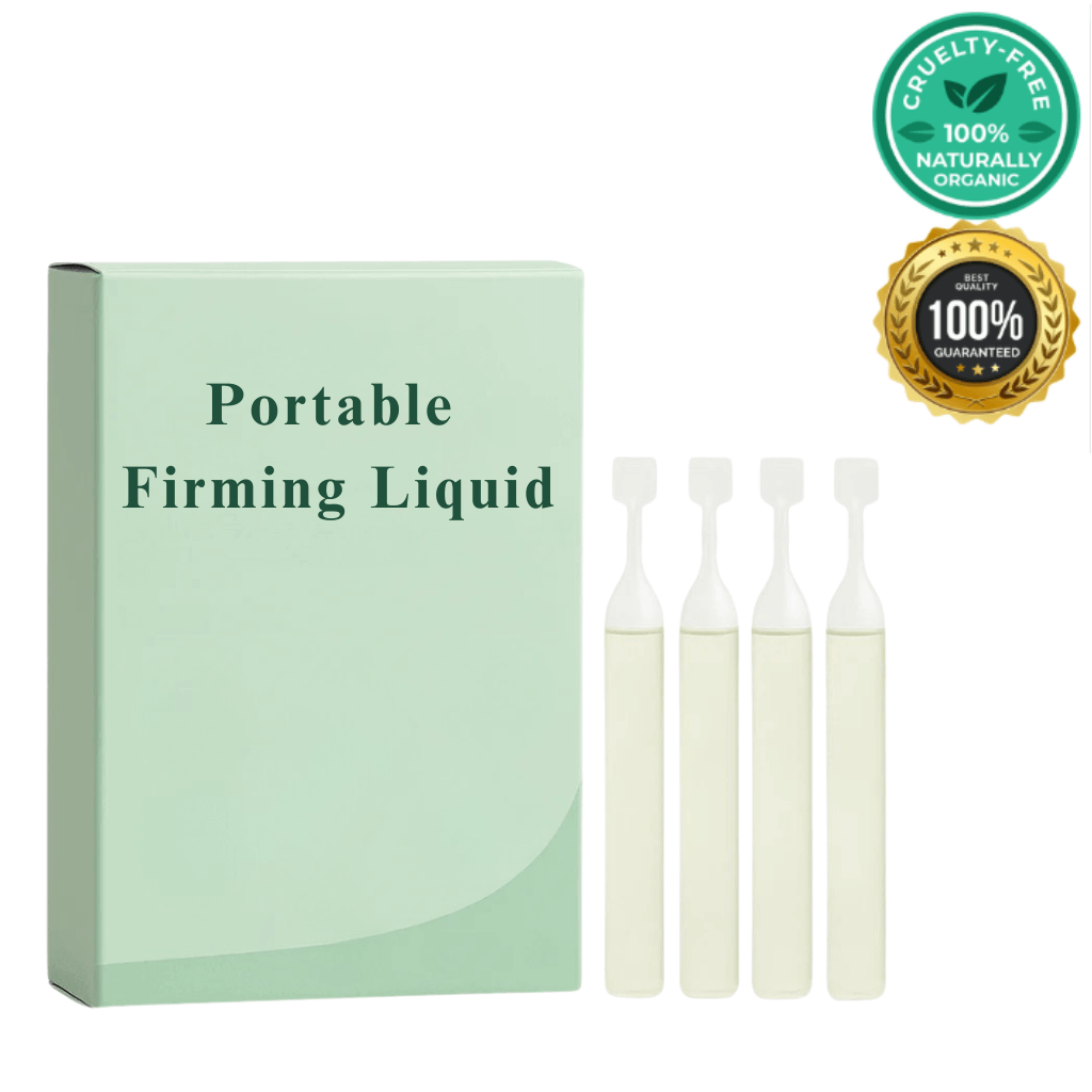 Portable Firming Liquid packaging with four vials, showcasing a luxurious botanical skincare blend.