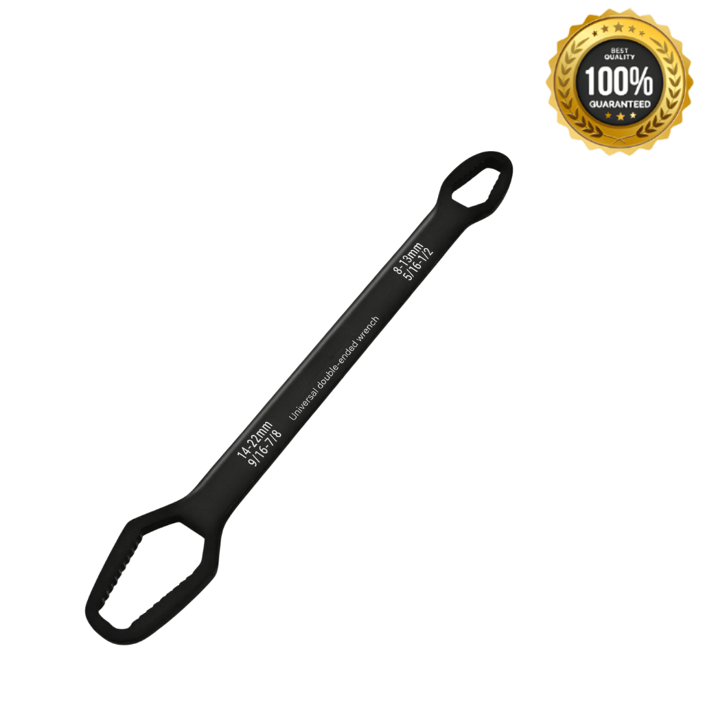 Luxe Universal Double Ended Wrench featured with a guarantee seal, highlighting its smart design for versatile repair tasks.