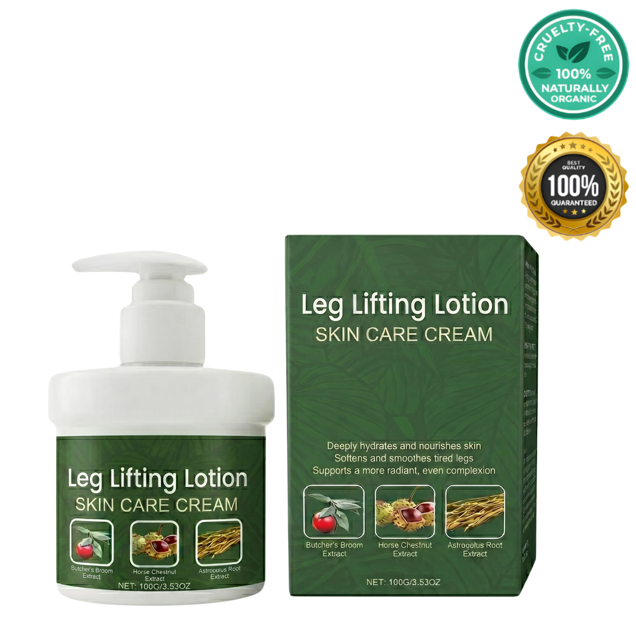 Leg Lifting Lotion in a pump bottle and box, designed for smoother, firmer skin with daily use.