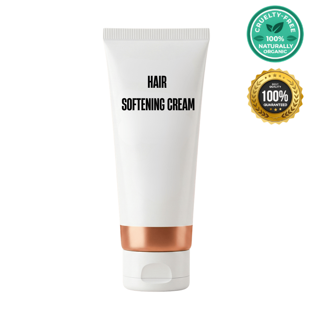 Hair Softening Cream tube, cruelty-free, organic, designed for silky and smooth hair, with a polished finish.