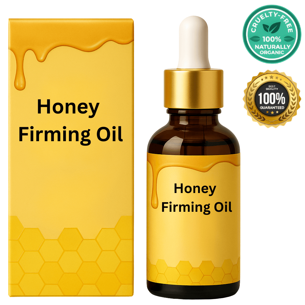 Honey Firming Oil in a glass bottle with a yellow box, showcasing its cruelty-free and organic certification.