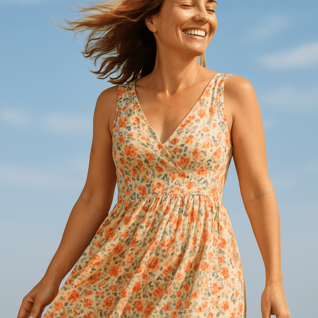 Woman wearing a floral dress, enjoying a sunny day with a radiant smile.