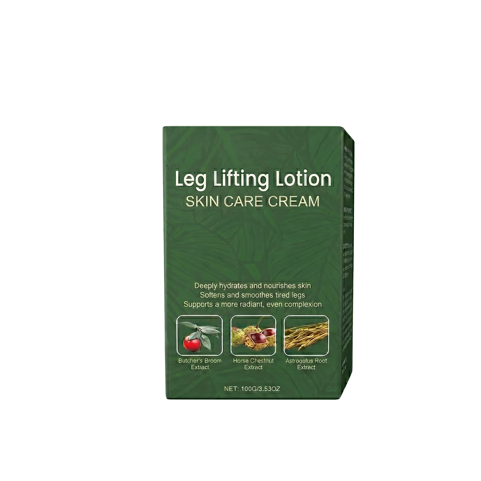 Leg Lifting Lotion box packaging displaying key ingredients and benefits for smoother, firmer skin.