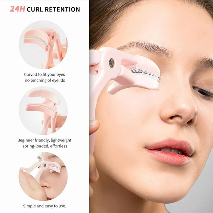 Zeyla Precision Eyelash Curler with Silicone Pads in use, demonstrating ergonomic design and curl retention features.