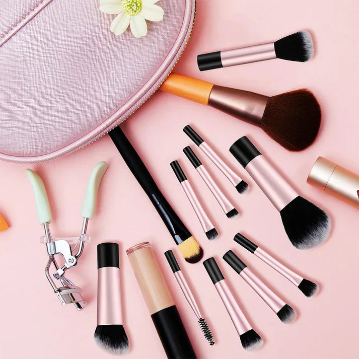 Zeyla Makeup Brush Set arranged stylishly with a pink cosmetic bag on a pastel background.