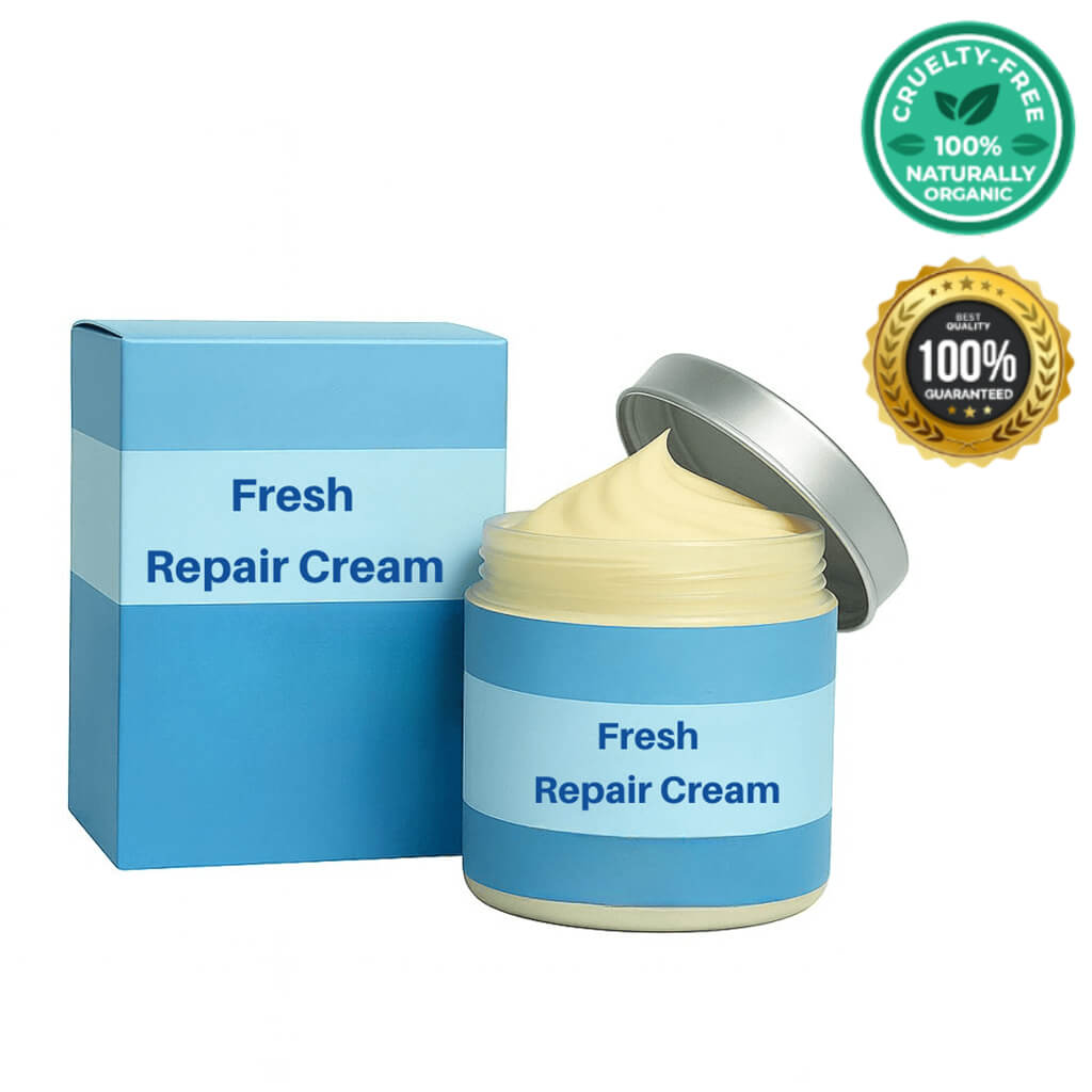 Fresh Repair Cream in jar with blue packaging, featuring cruelty-free and organic certifications.