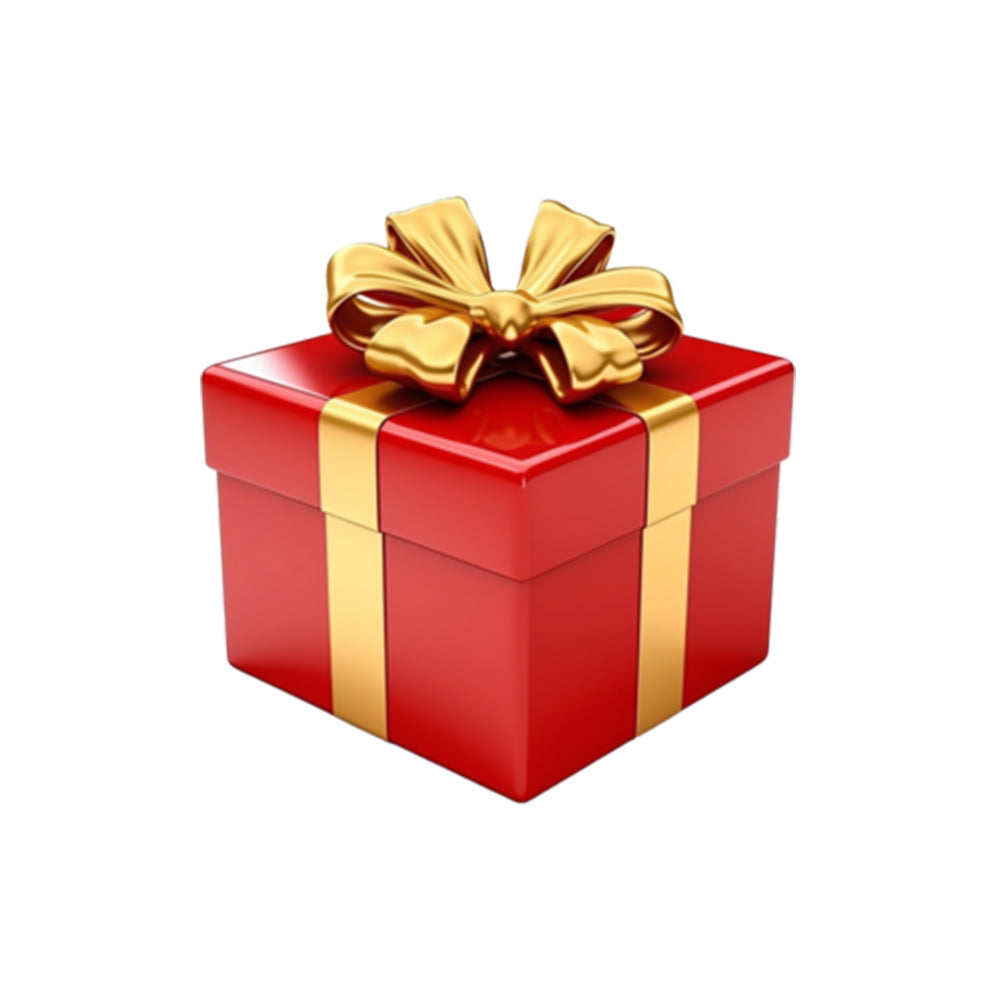 Red gift box with a gold ribbon, representing the Mystery Adds-Up Gift for beauty and wellness.