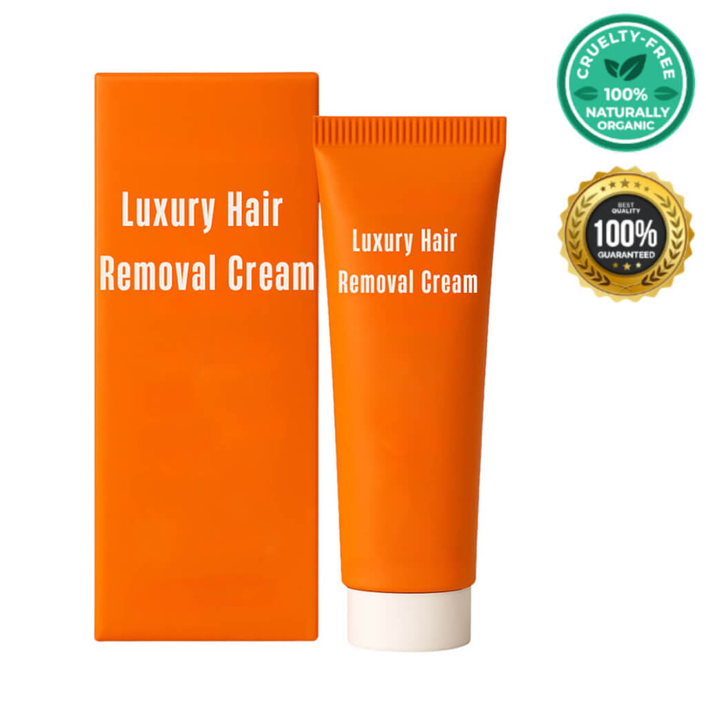 Luxury Hair Removal Cream tube and box with cruelty-free and organic certifications.