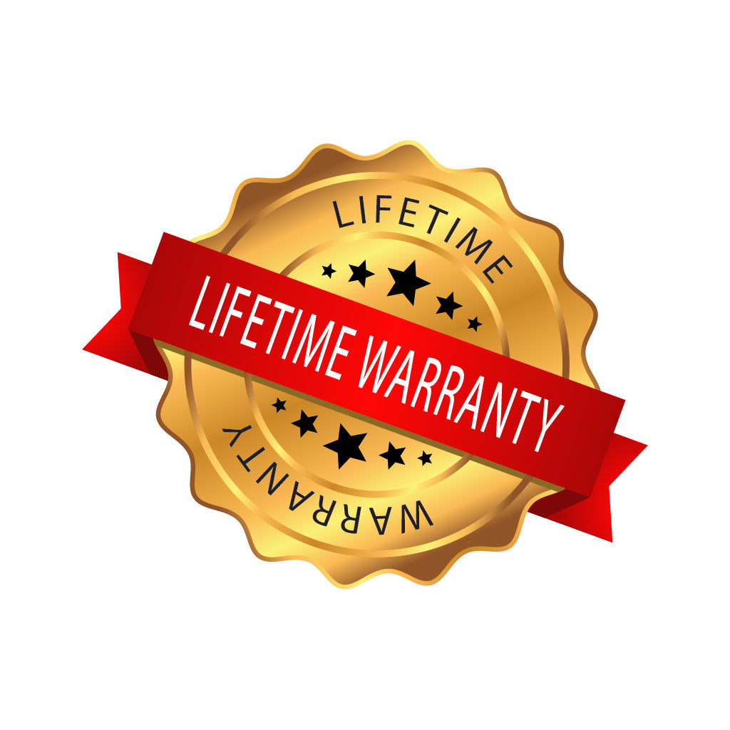 Lifetime Warranty gold seal badge with red ribbon and stars design.