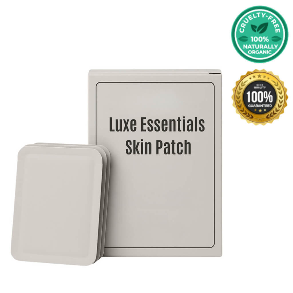 Luxe Essentials Skin Patch packaging with patch box, cruelty-free, naturally organic seal, and 100% guarantee.