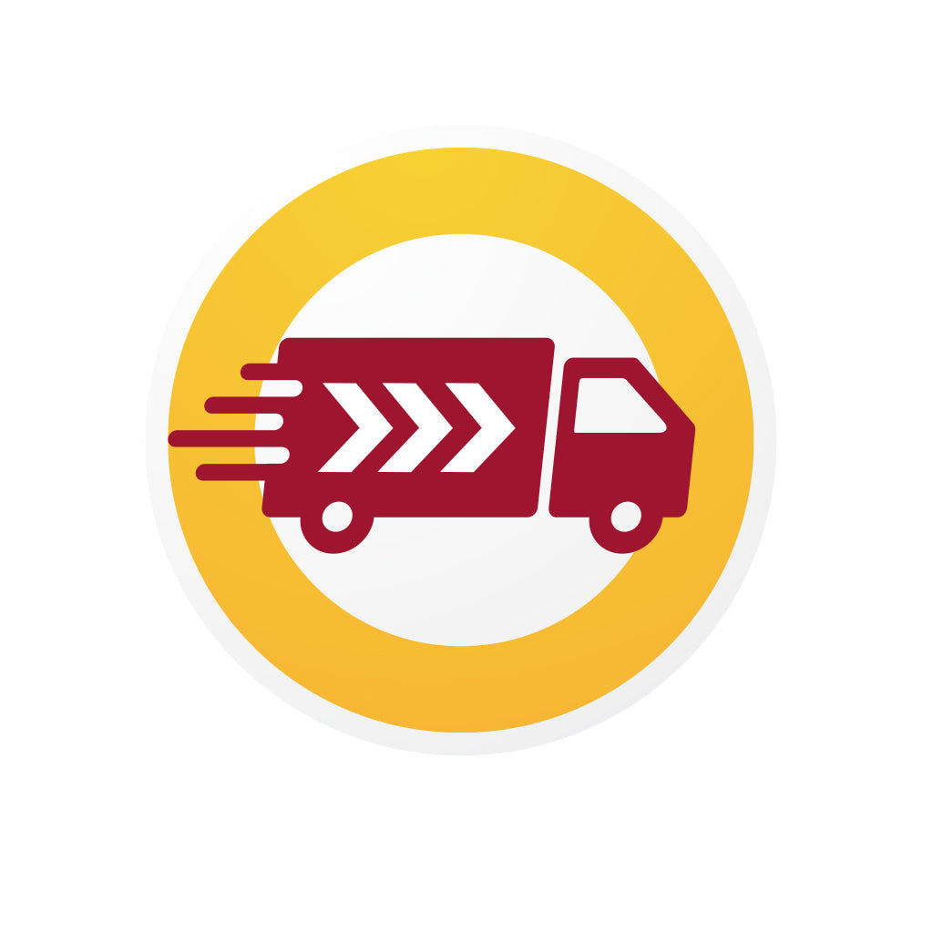 Priority Shipping truck icon with speed lines in a circular design.