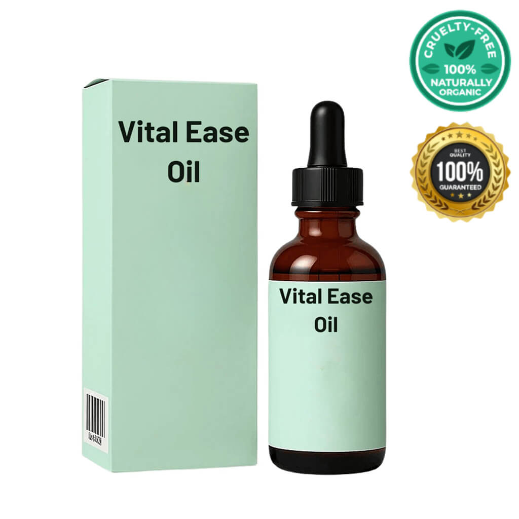 Vital Ease Oil bottle and packaging, a luxurious oil for silky smooth skin and radiant glow.